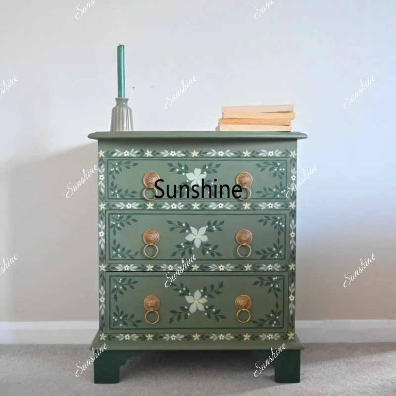French retro hand-painted bedside table pastoral three-bucket cabinet storage lockerTJ