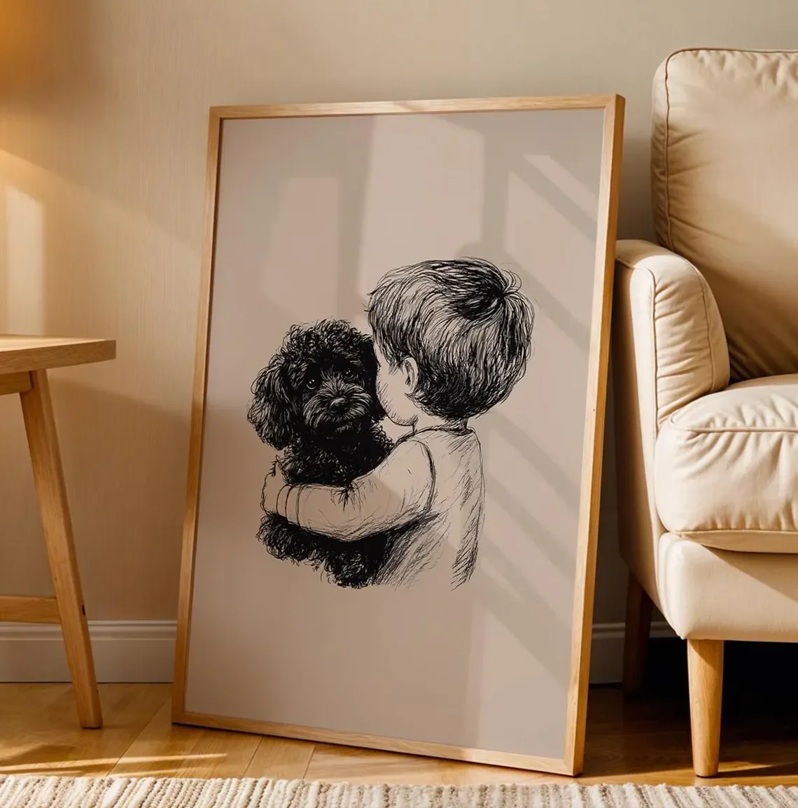 Heartwarming Boy and Dog Wall Print Decor - Tender Pen Sketch of a Young Boy Hugging a Curly-Haired Black Dog, Rendered in Fine
