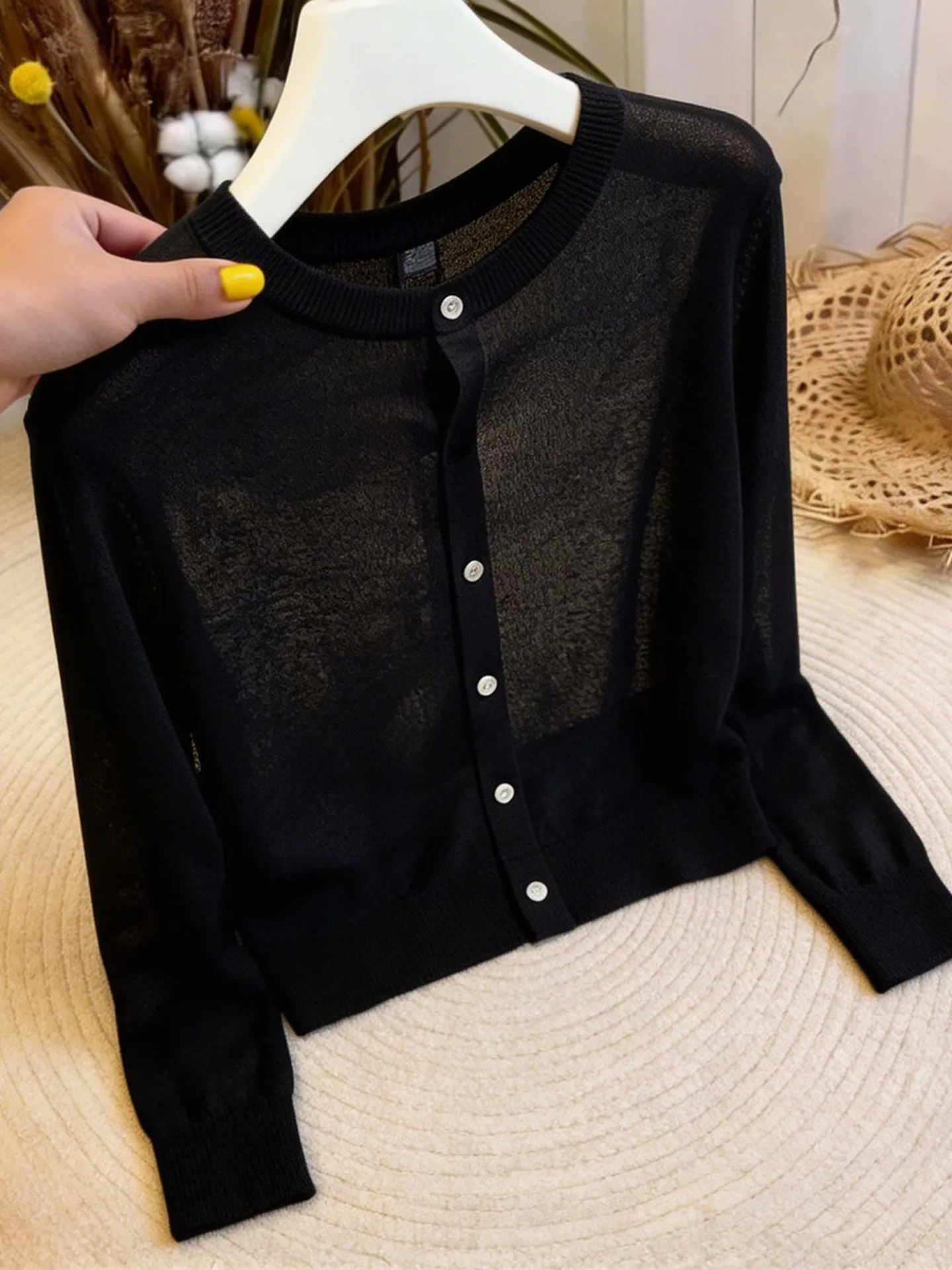 

Korean Style Casual Vintage Black Long Sleeve Knitted Open Cardigan Women's Versatile Slimming Personality Top Spring Summer ...