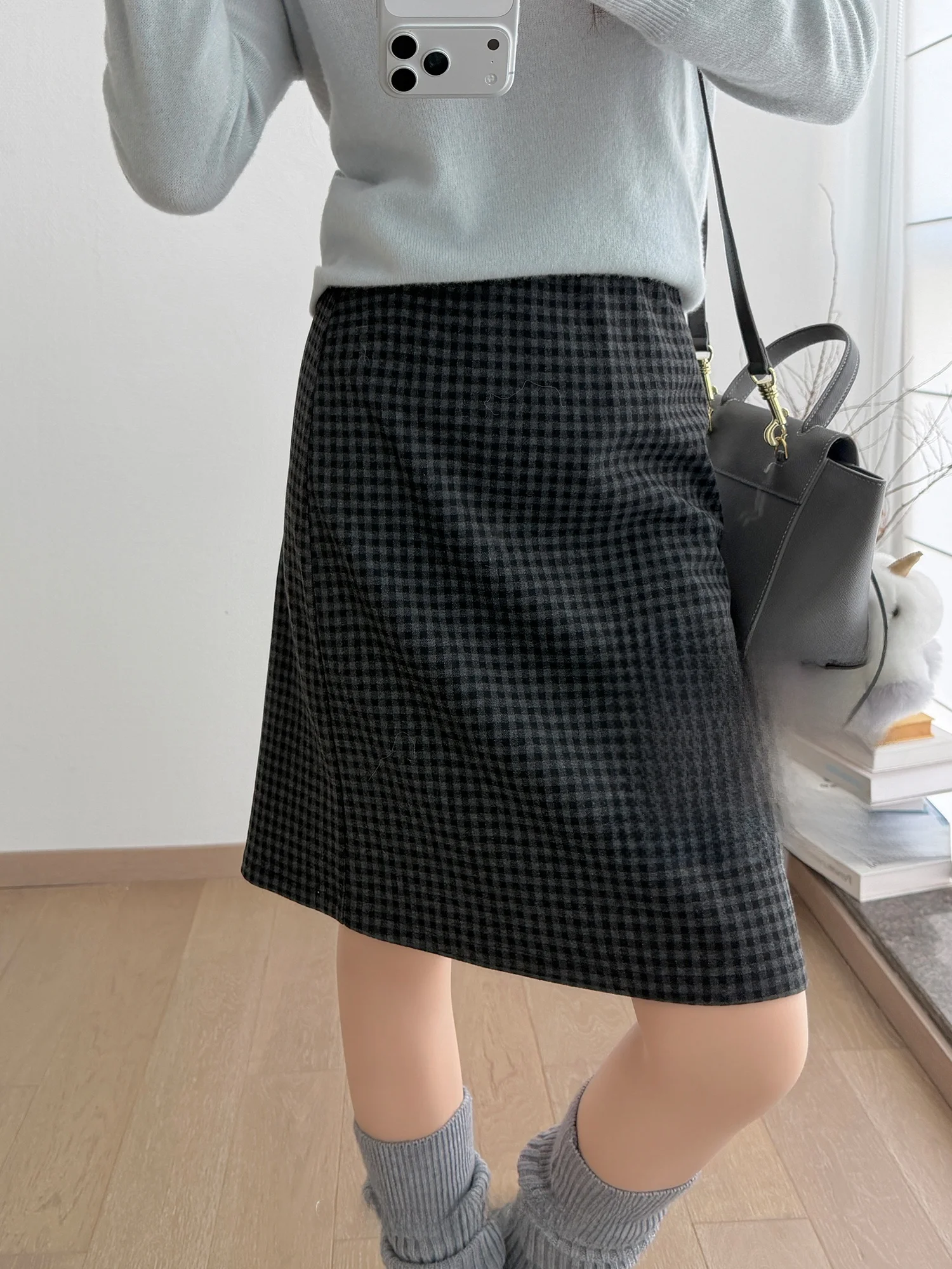 

Ele ey Blue Plaid Woolen Skirt by SureHouse Straight Leg mid Waist Design Ci Commute Friendly Simple Sle