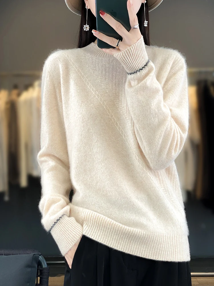 100% Merino sweter wol wanita kualitas tinggi pullover kerah tiruan lengan panjang wol lembut pakaian wanita hangat musim gugur musim dingin