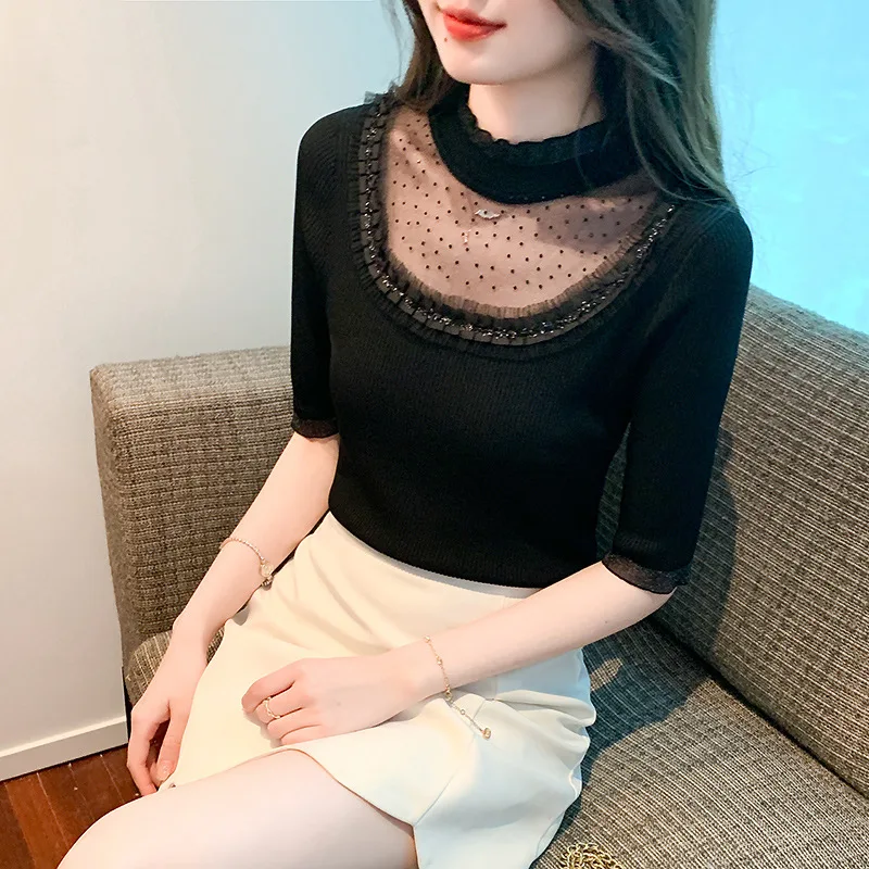 All-Match Lace Stitching Sweater Women's Summer New Elegant Slim Hollow Top