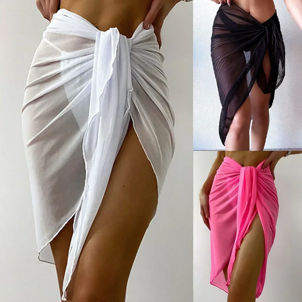 Frauen Sexy Mesh Durchsichtig Sarongs Wrap Chiffon Badeanzug Cover Ups Strand Bikini Bademode Solide Split Damen Strand Kleider