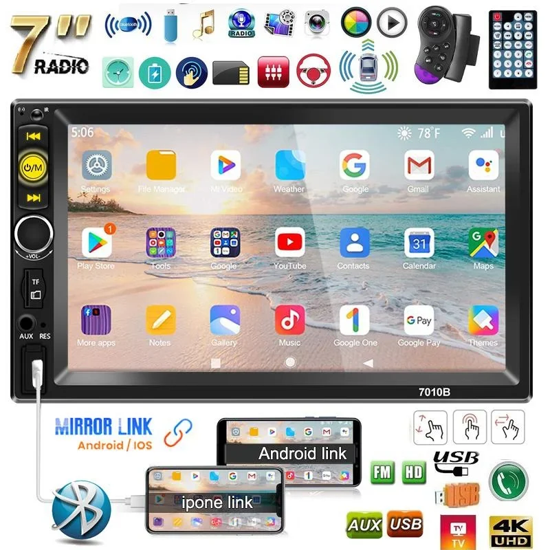 

Автомобильный мультимедийный плеер, 7-дюймовый стерео-радиоприемник с сенсорным экраном HD, MP5, MirrorLink, Bluetooth, USB, FM-радио, типоразмер 2 Din