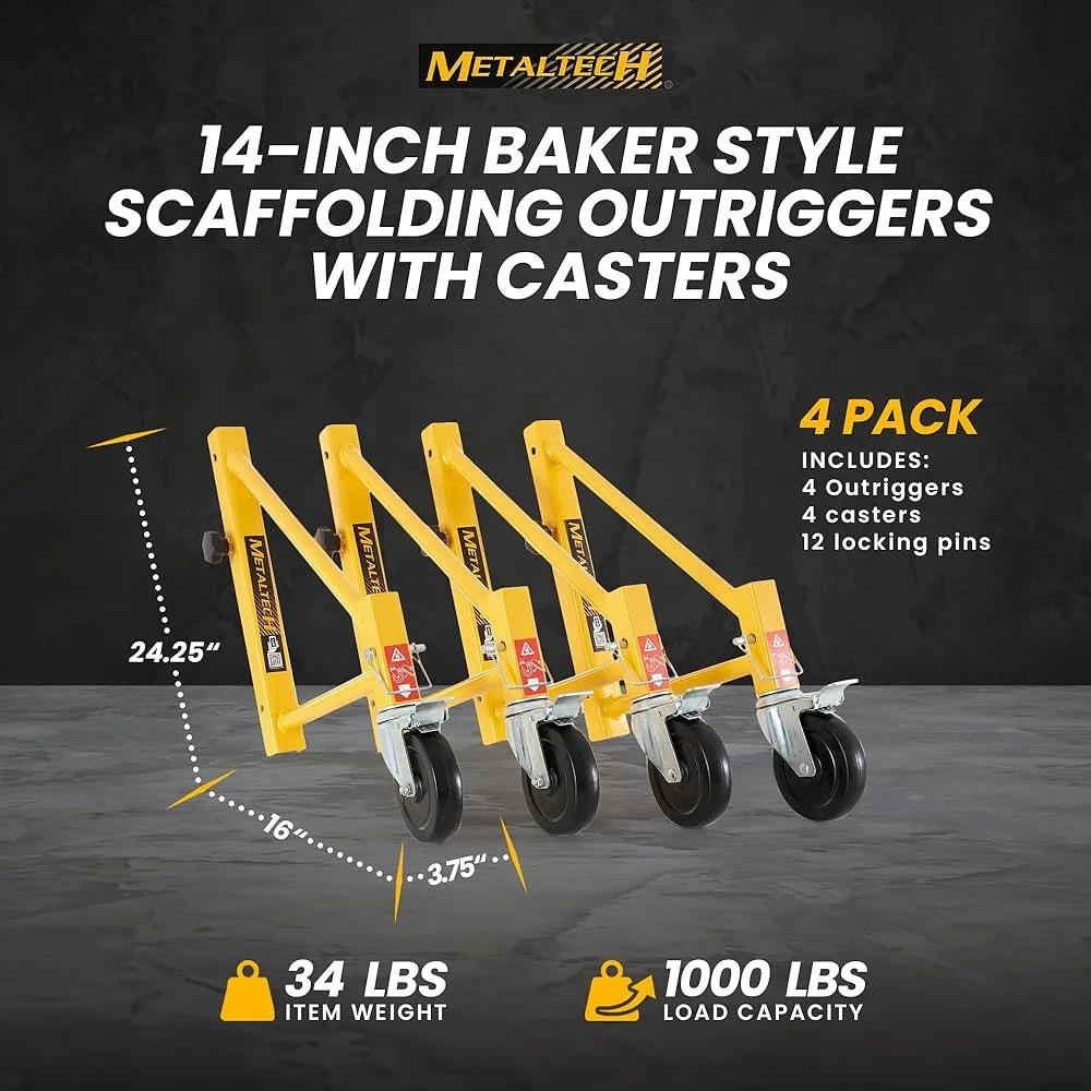 4 Pack Scaffold Outriggers Baker Style Scaffolding Accessory Wheels 14 Inch Adjustable Height Durable Locking Casters Heavy Duty