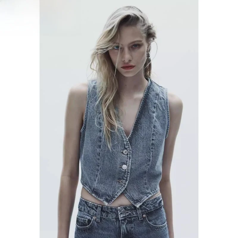 

Faionable Women's Slim Fit ort Denim Vest 2023 Casual Sle Simple Design Versatile V-Ne Single Button Single Piece