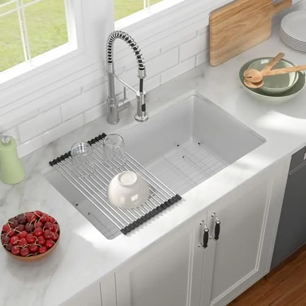 33 Inch White Granite Composite Undermount Kitchen Sink with Deep Bowl and Accessories