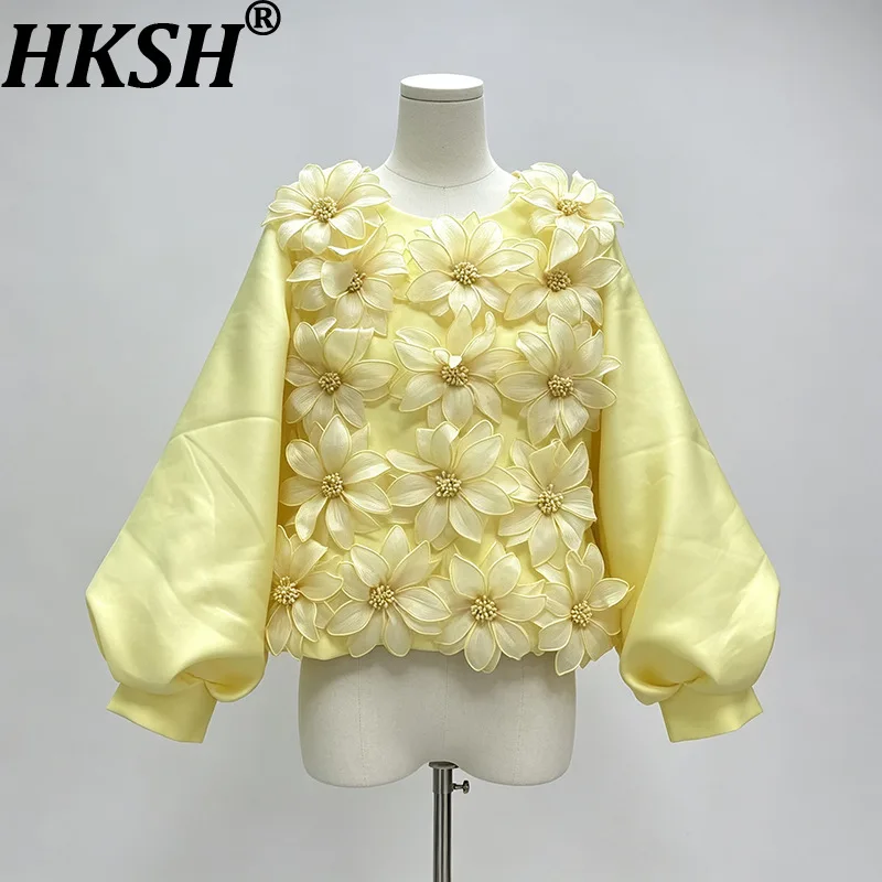HKSH Women Shirt Stylish Elegant Design Heavy Flower Patchwork High-end Lantern Sleeves Solid Color Blouse Spring Autumn HK28155