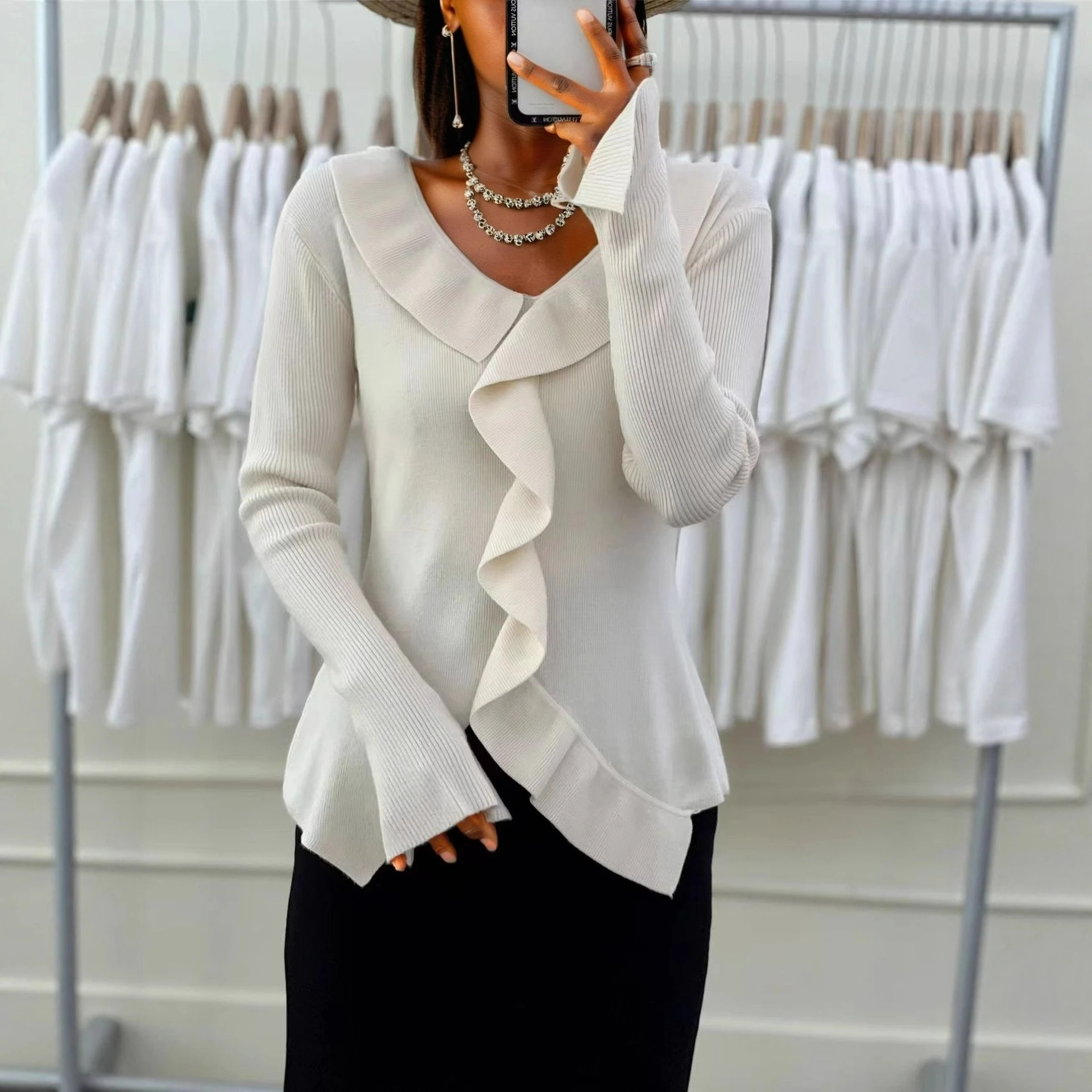 

Sweater Women's Autumn/Winter 2025 New V-neck Knitted Sweater Long Sleeve Ruffle Edge Solid Color Slimming Bottom Shirt