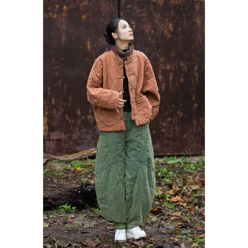 Female Autumn Winter Tops Coat Cotton-padded Clothes Lingge Frog Retro Simple Loose Comfortable Fashion Minority Versatile Thin