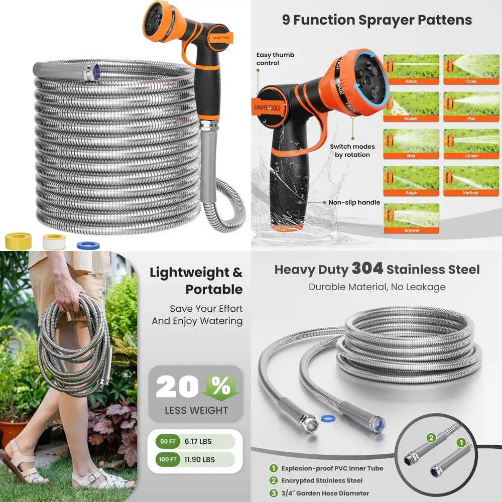 

Садовый шланг без узла из нержавеющей стали 100 футов 3/4 дюйма с распылительной насадкой с 9 узорами для прочного полива на открытом воздухе