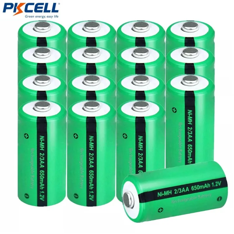 PKCELL 16PCS 2/3AA Size Rechargeable Battery 650mAh NiMH 1.2V Button Top Cell For Flame Solar Lights Outdoor Garden Lights