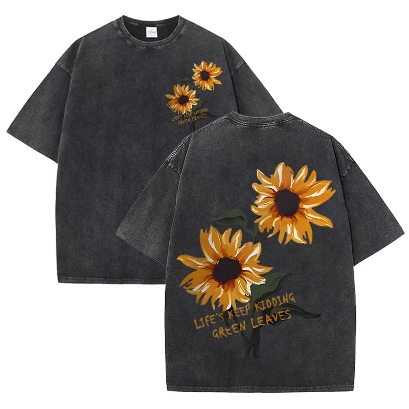 Retro Sonnenblumen-Grafik T-Shirt Grün Acid Wash Lässige Streetwear Unisex Tee – Detail 11
