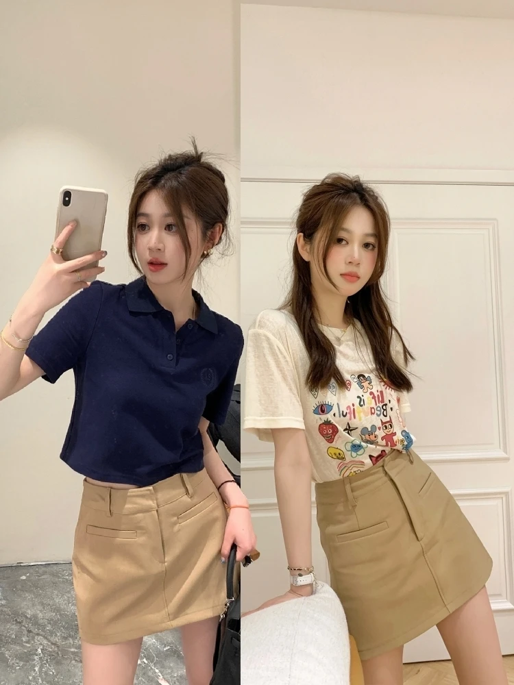 Khaki Suit Style High Waist A-Line  Skirt Women's Summer 2026 New College Wind Design Sense Short Skirt Pants