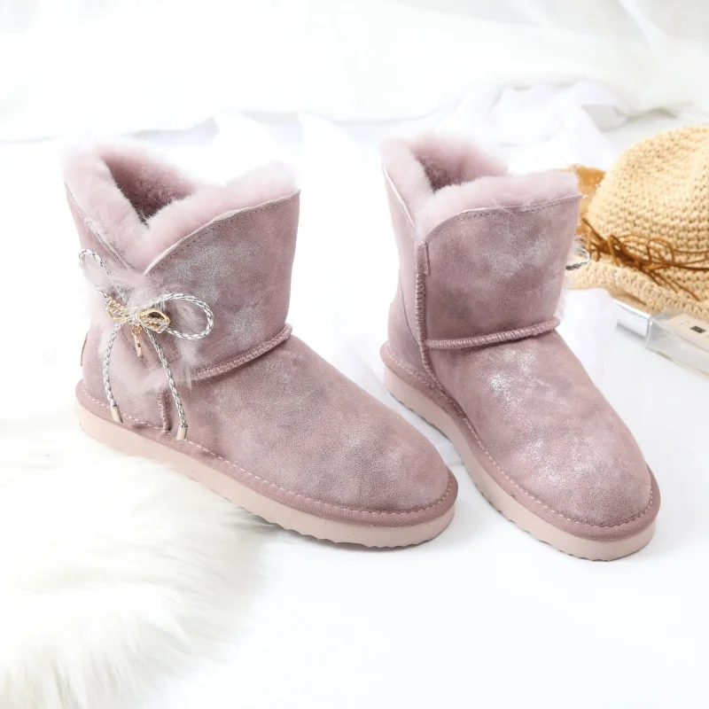 

Fashion Boots Sweet Bow girls winter boots 100% Genuine Cowhide Leather Snow Boots Thick Wool Lining Warm Winter Shoes for Women