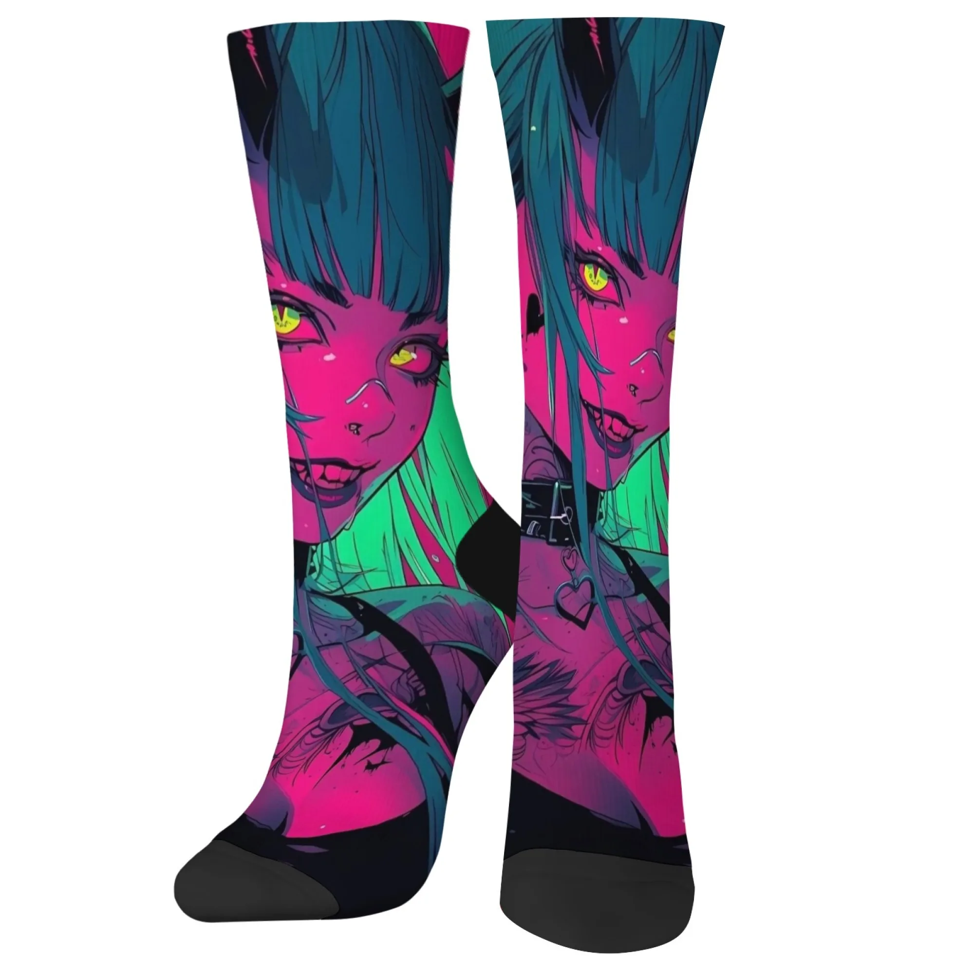 ถุงเท้าลายอนิเมะไซเบอร์พังก์ ความยาวครึ่งน่อง พิมพ์ลายบล็อกสีนีออน ลายเส้นผมแบบช็อคเกอร์ ลายสักหัวใจ สไตล์ดาร์กเท่ๆ สำหรับงานปาร์ตี้สตรีท