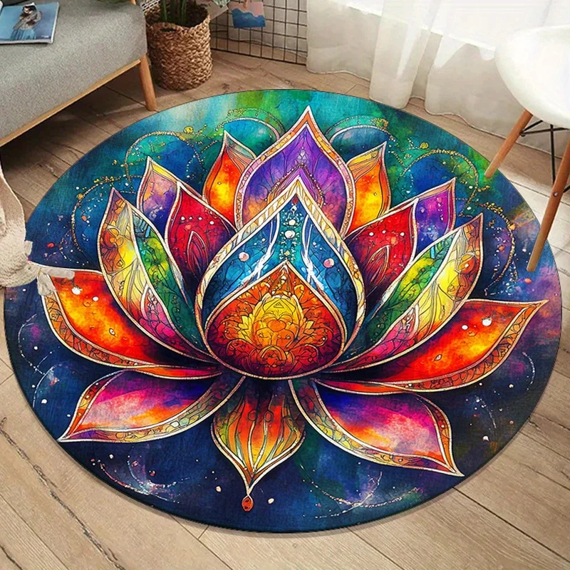 Colorful lotus flower round rug psychedelic mandala yoga meditation mat spiritual art soft plush carpet boho decor