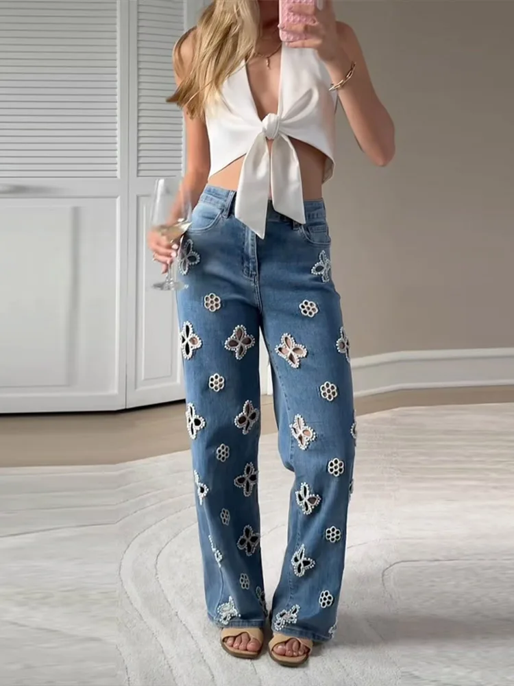 

Женские джинсы с уличным жемчугом и карманами на молнии, синие джинсовые брюки с высокой талией, осень-зима 2021, женская верхняя одежда Y2K