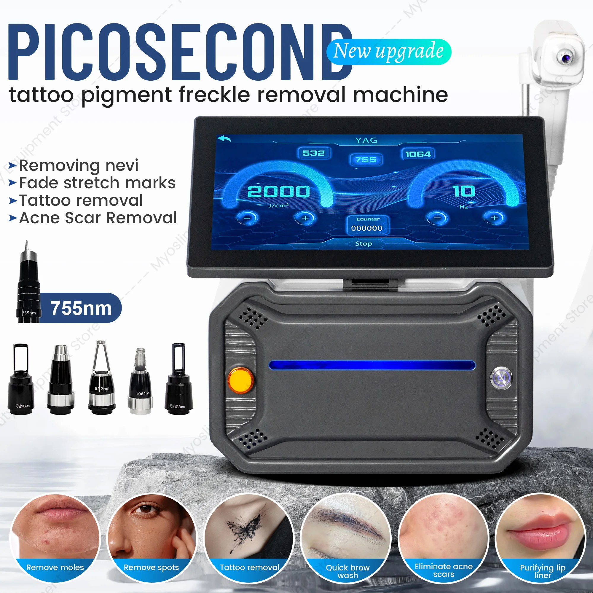 Appareil de beauté au laser Pico ND YAG, sans précipitation de mélanine, récupération rapide, minimisation des marques d'acné, peeling au carbone, équipement de salon