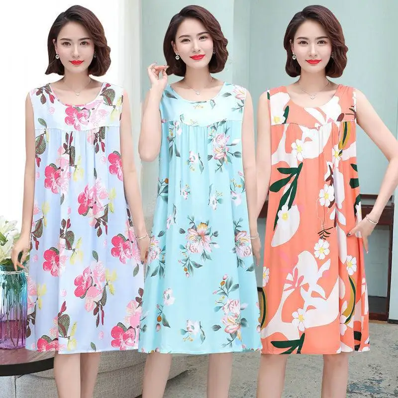 New Summer Middle-Aged and Elderly Nightgown Pajamas for Women, Cotton Silk Dress, Summer Adult Plus-Size Mom Home Wear