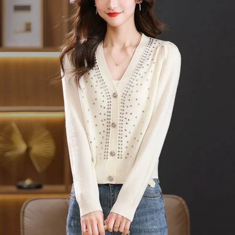 Spring Autumn 2025 Women's New Solid Color V Neck Button Rhinestone Knit Cardigan Exquisite European Youthful Elegant Trendy