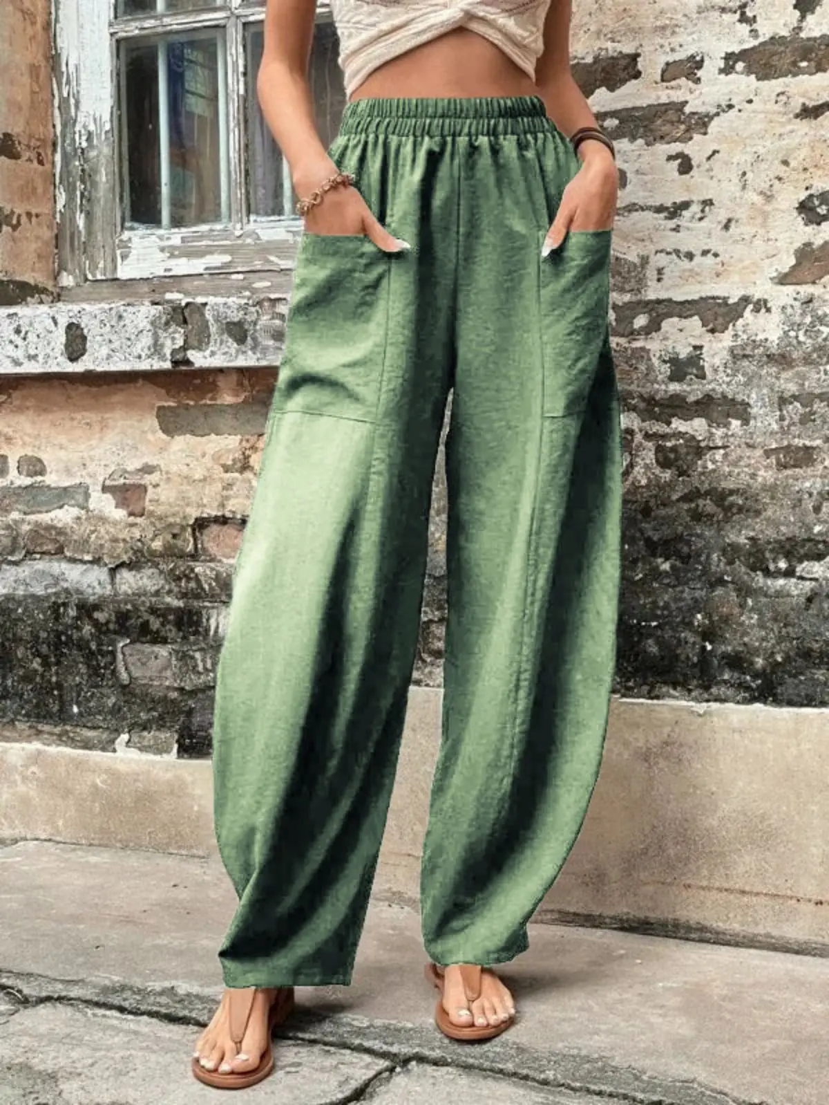 2024wish independent station Amazon pantaloni da donna transfrontalieri pantaloni casual da donna con tasca in tinta unita pantaloni elastici tro