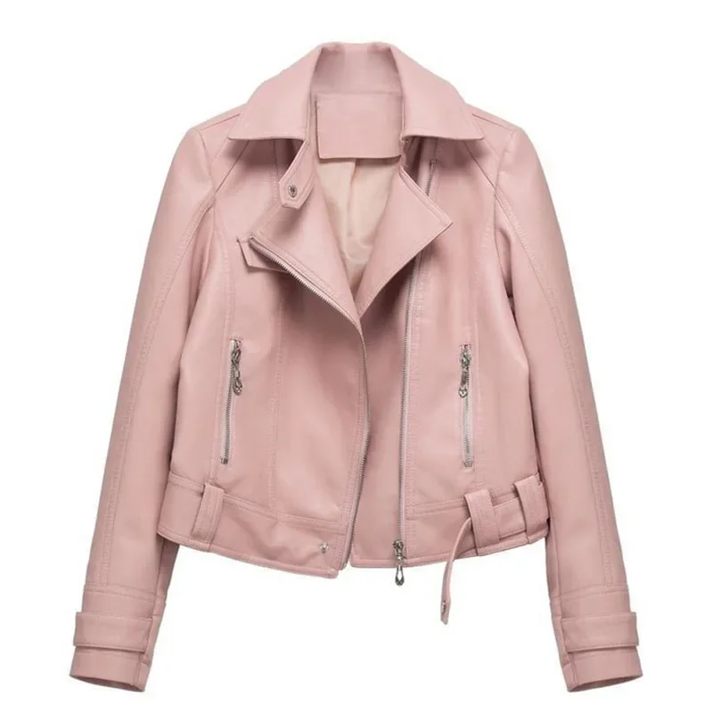 Jaqueta de couro da motocicleta feminina moda nova 2025 primavera outono casaco superior fino versátil couro do plutônio outerwear casaco feminino