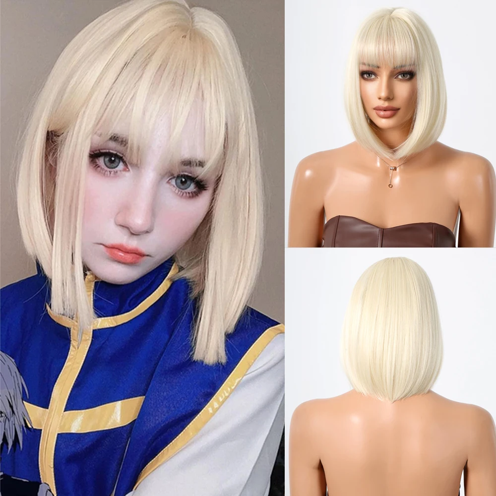 Krótka peruka z prostymi włosami Blonde Bob Cute Synthetic Hair Wig with Bangs Blonde Party for Women Fiber Fake Hair for Cosplay Costume Wig