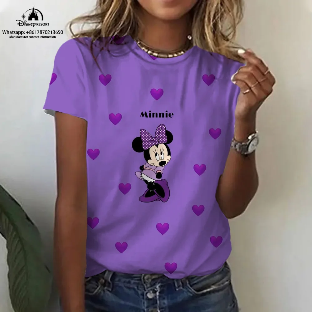 2024 Fashion Casual New Mickey Minnie Women's Round Neck T-shirt Summer Cartoon Print Street Harajuku Top 2K