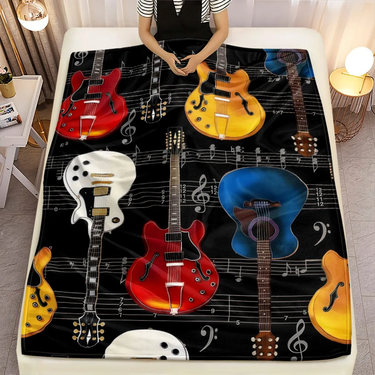 Guitar music notes flannel blanket musical instrument theme bedroom decor soft cozy throw blanket for music lovers