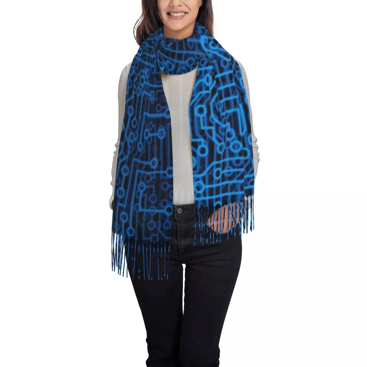 Large Reboot Blue Computer Circuit Board Scarves Winter Fall Thick Warm Tassel Shawl Wraps Cpu Science Hacker Programmer Scarf