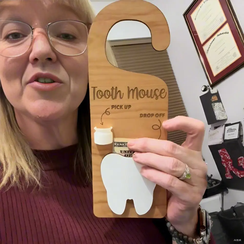 شماعة باب الأسنان الخشبية تشجع العناية بالأسنان حاوية تذكار الأسنان المزخرفة، ديكور معلق لباب الفأر #3