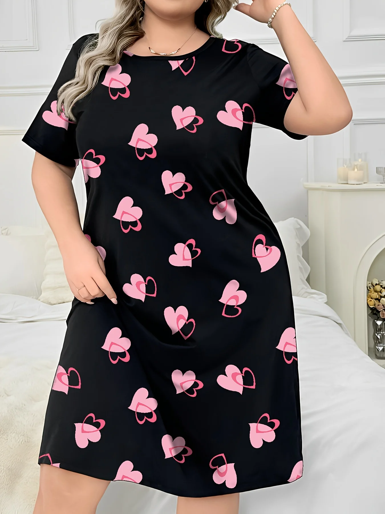 

Plus Size Women's Plus Cute Loungewear Dress Heart Printed Short Sleeve Summer Round Neck Tee Home Wear Casual loose Dress