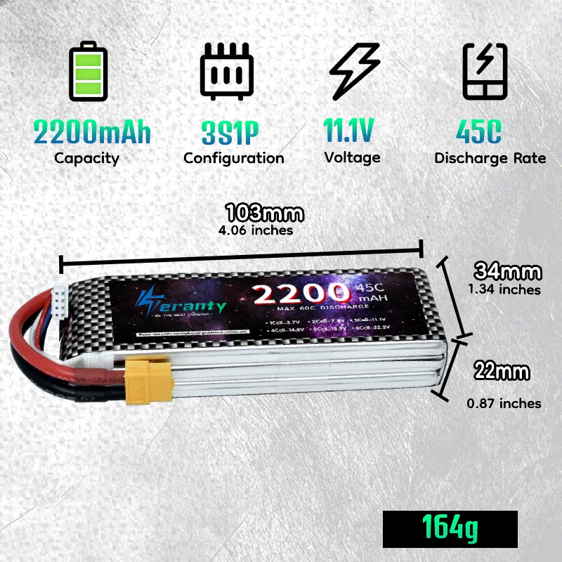 2Pcs TERANTY 3S 11.1V 2200 mAh 45C RC Lipo Battery XT60 T Plug Soft Case Short Pack RC Battery for RC Car RC Helicopter Airplane