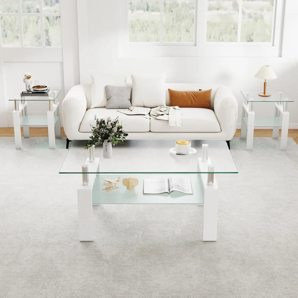 طقم طاولة زجاجية حديثة مكونة من 3 قطع مع إطار معدني أسود وطاولة قهوة من الزجاج المقسى