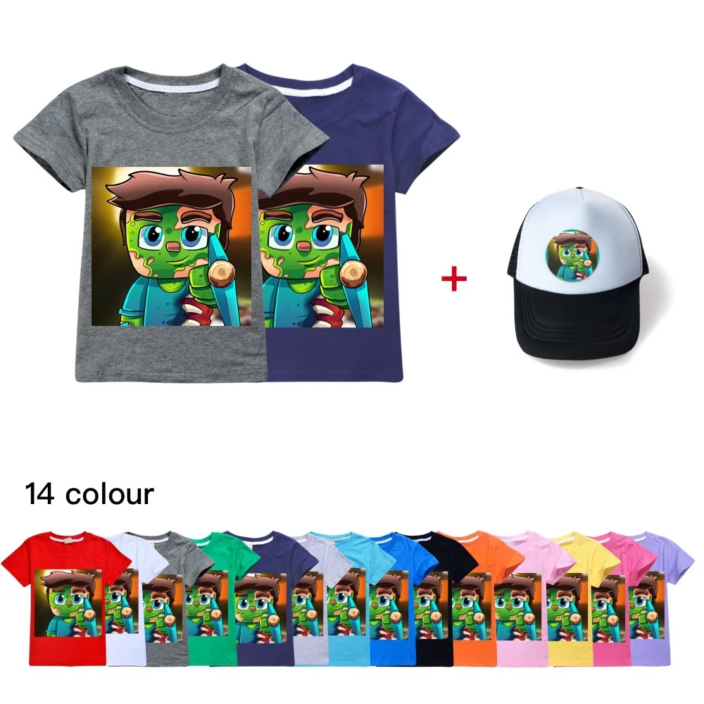 Camiseta para niños de 3 a 12 años, ropa para niños y niñas, Top + sombrero para el sol, 2 piezas, conjunto deportivo informal de algodón con dibujos animados