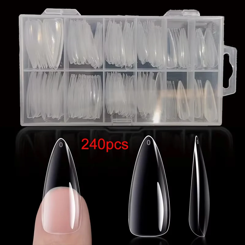 240 Pieces Long Soft Gel Nail Tips Clear Full Cover Almond Press on Nails Acrylic Almond Shape Nail Tips Nail Salon Extension