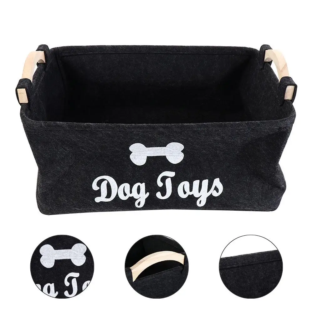 Felt Dog Toy Storage Basket with Handle Cartoon Pattern Dog Sundries Organizer Baskets Black Foldable Pet Toy Organizer Blankets