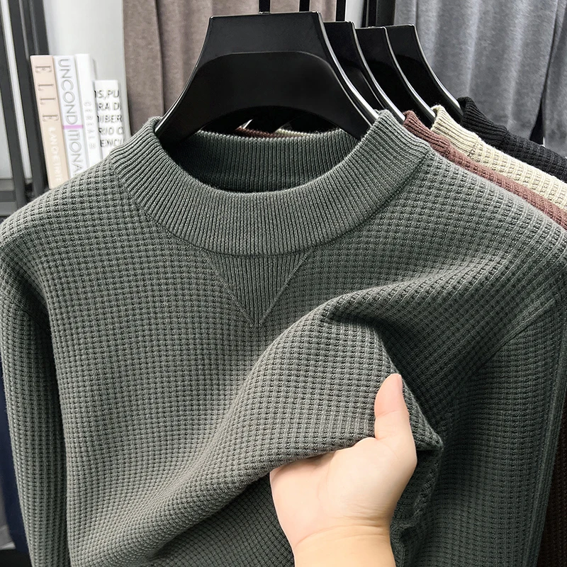 

Light luxury men's knitted round neck sweater fashion solid color checkered print new skin friendly comfort warm casual pullover