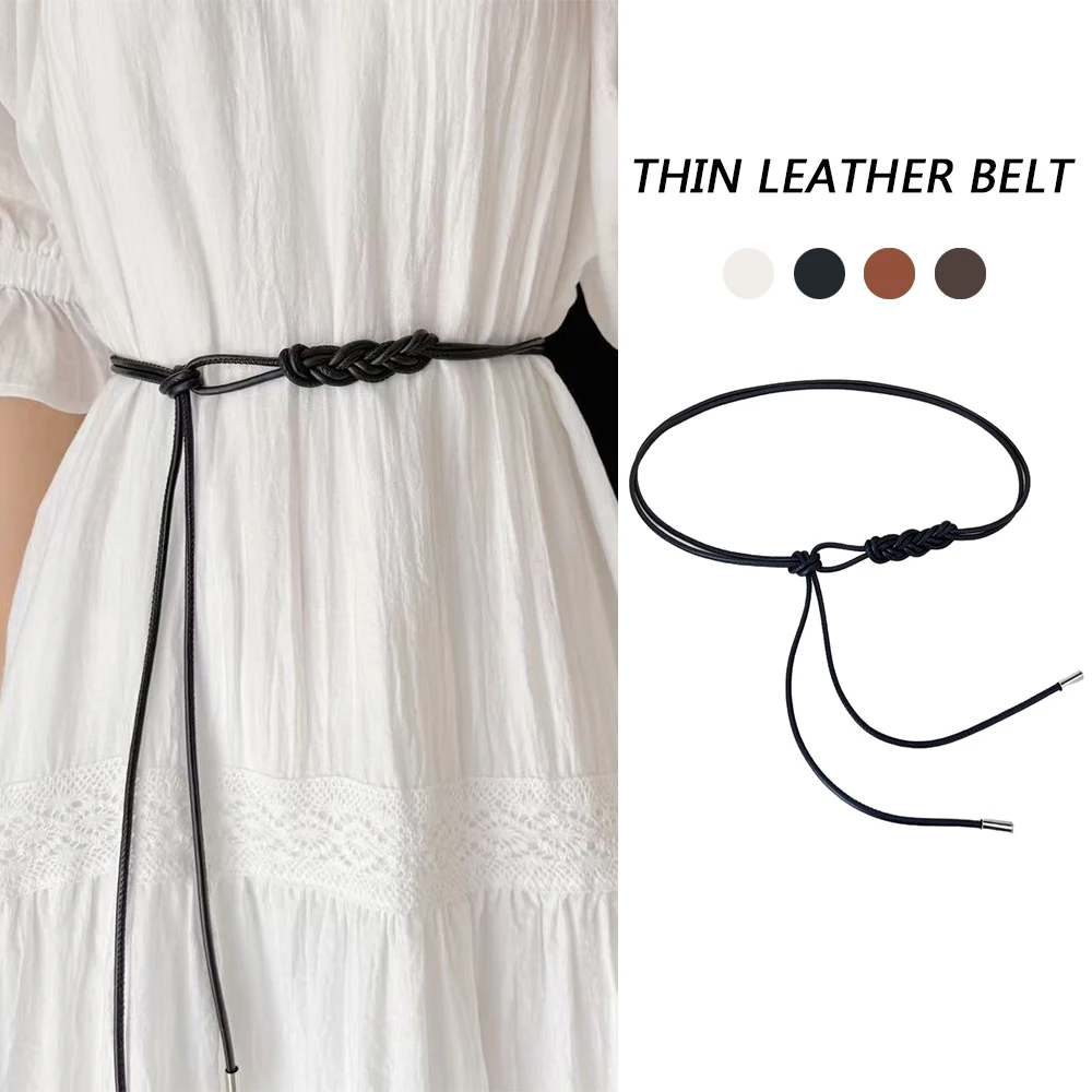 New Braided Leather Thin Belt Metal head Knotted Long Dress String Waistband PU leather Decorative Coat Belt Waist strap