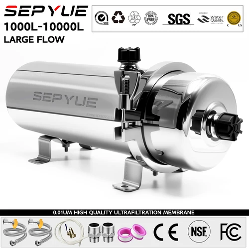 SEPYUE 전체 집 고유량 정수 필터 시스템 1000L-8000L 스테인레스 스틸 미네랄 워터 필터 재사용 가능한 PVDF는 5 년 동안 지속됩니다.