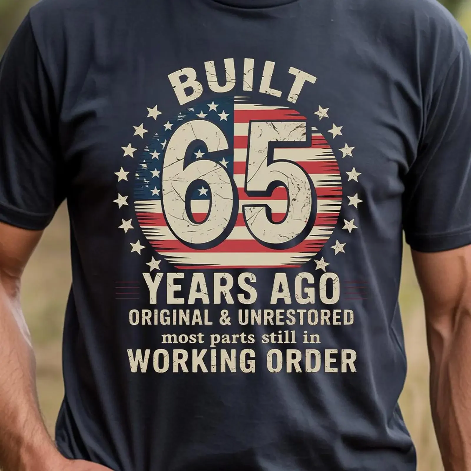Built 65 Years Ago 65th Birthday T Shirt Vintage American Flag Design vintage Washed Top For Everyday Wear Stretched Casual