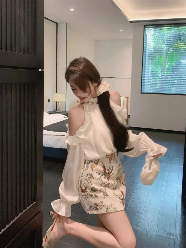 

2026 Spring Women’s Fashion Two Piece Set Elegant Off Shoulder Beaded Blouse with Floral Print Bodycon Skirt