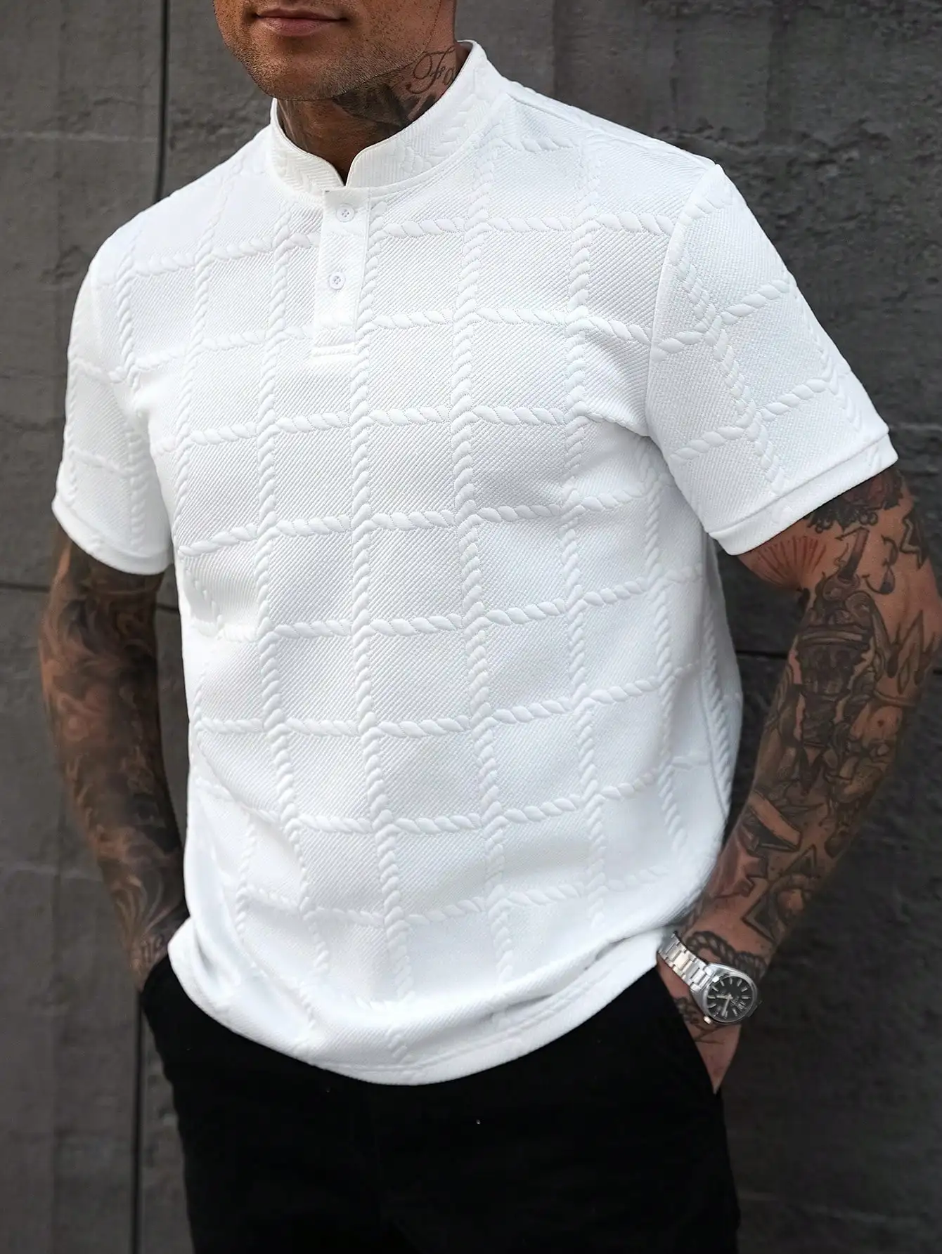 Men's Textured Stand Collar Short Sleeve Polo Shirt, Casual Daily Wear