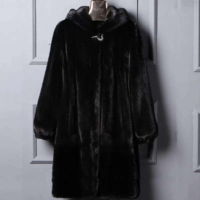 Womens Long Section Hooded Fake Mink Jackets High Quality Imitation Mink Fur Coats Large Size Female Winter  Jacket XQ571