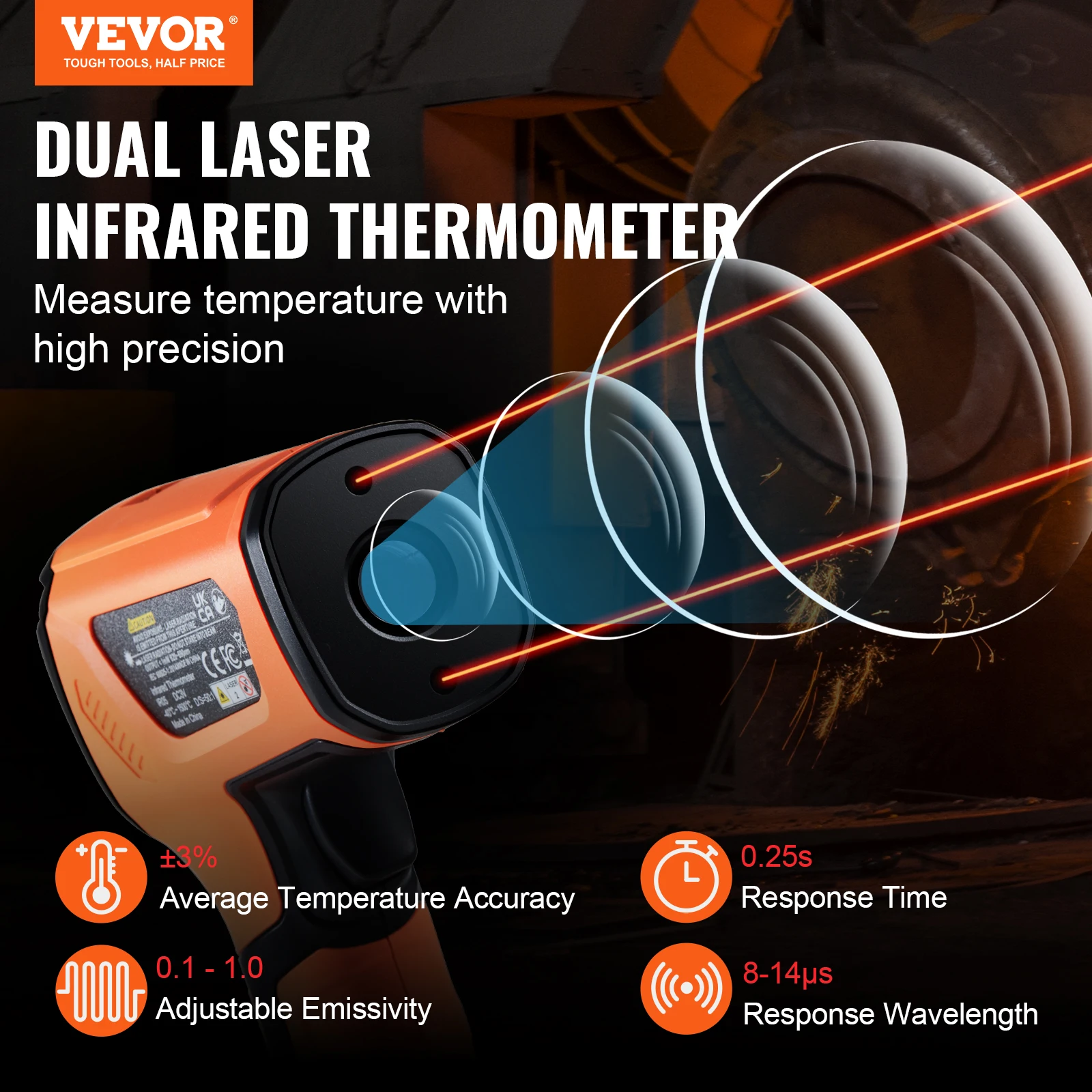 VEVOR Infrared Thermometer Dual Laser Temperature Gun Non-Contact Handheld IR Heat Temperature Gun for Metal Smelting Engine