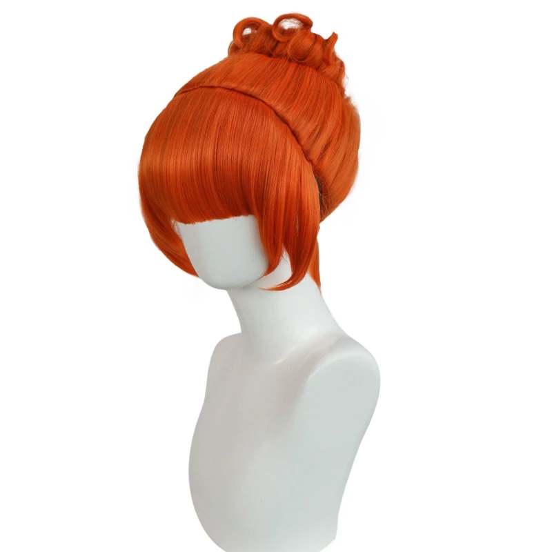 Anime Lucy Cosplay Wig Orange Hair Bun Style Heat Resistant Synthetic Fiber With Rose Net Suitable for Halloween Party Wig