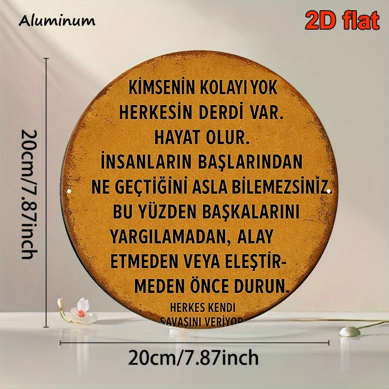 2D Flat, One 2D Flat, 8x8 Inch Round Turkish Aluminum Sign, a Vintage Decorative Plaque About 