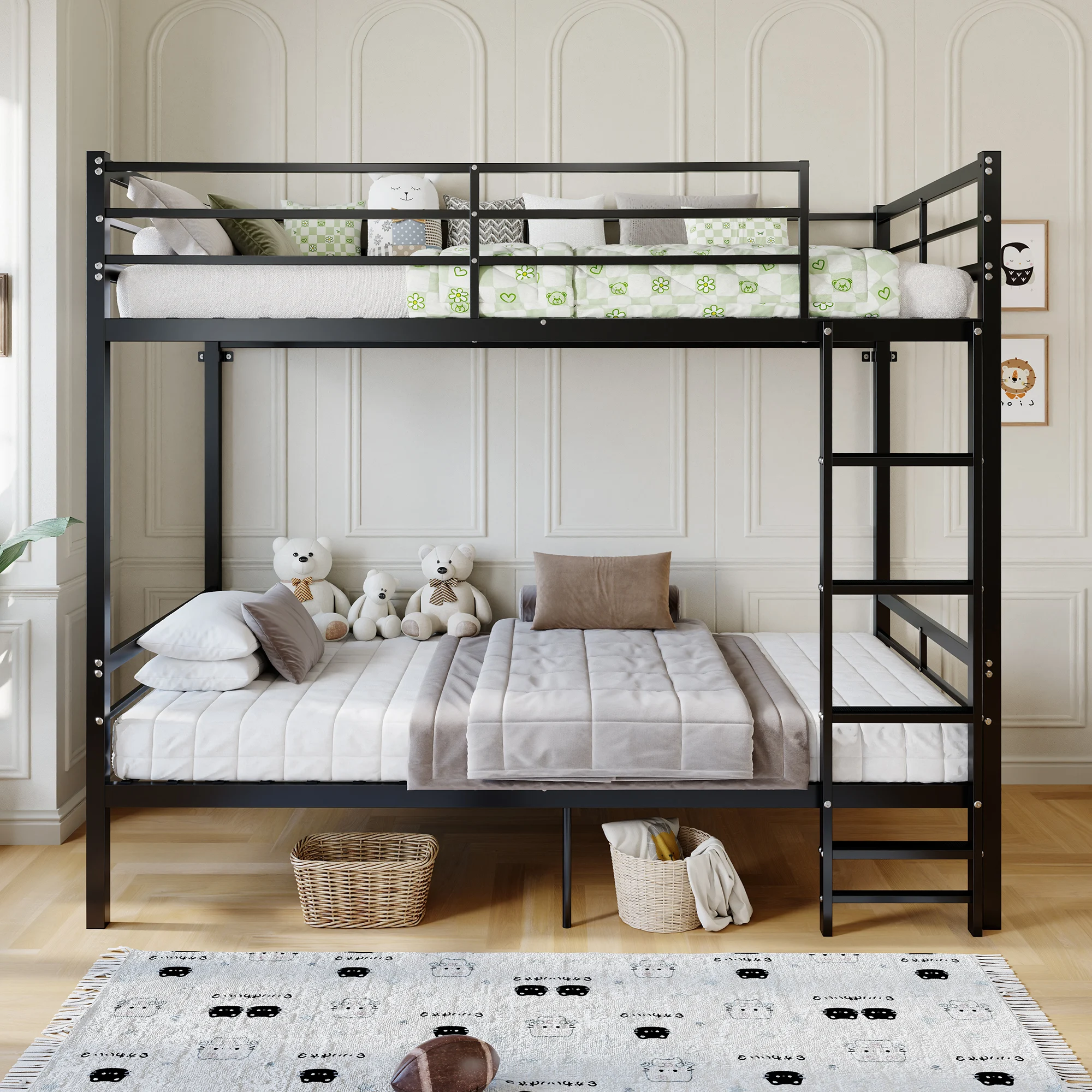 Twin Over Twin Metal Bunk Bed with Ladder, Heavy Duty Steel Frame, High Guardrails, Storage Space, Split to 2 Beds, Black