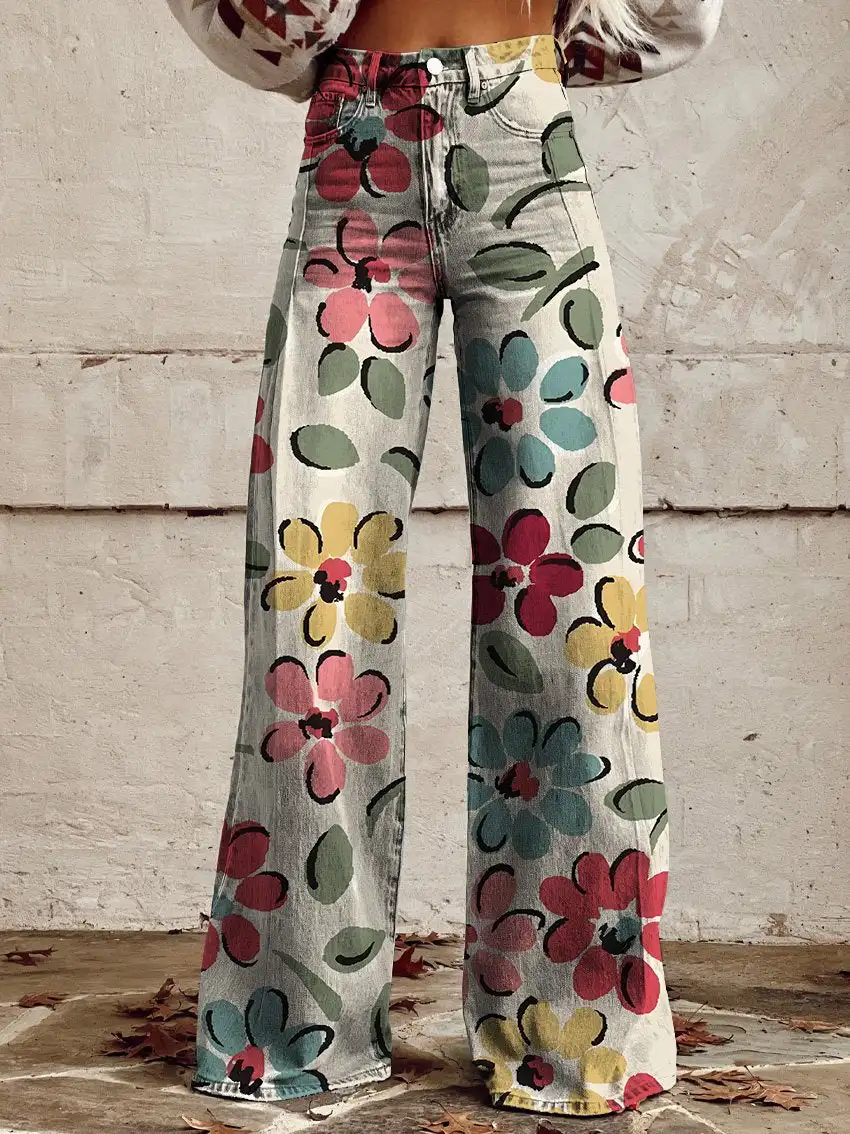 Sunflower casual women's jeans, high waisted wide leg pants, loose fitting women's imitation denim wide leg pants